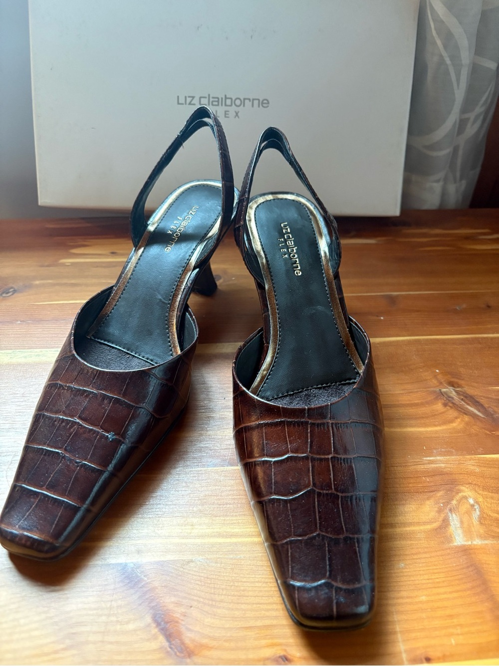 Liz Claiborne Brown Croc-Embossed Slingback Heels